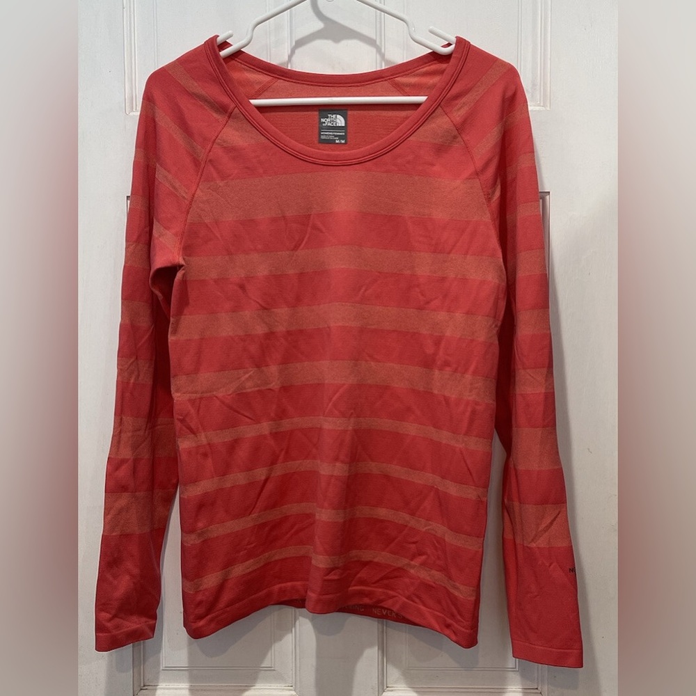 The North Face Long Sleeve Melon Color Striped Crew Neck Shirt Size Medium